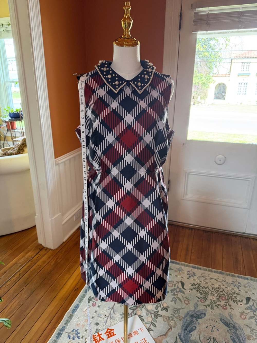 Kate Spade Sleeveless Plaid Midi Dress in Navy, Red, White
